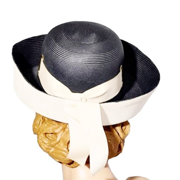 Dramatic 1960s Vintage Black & White Designer High End Straw Hat By Adolfo